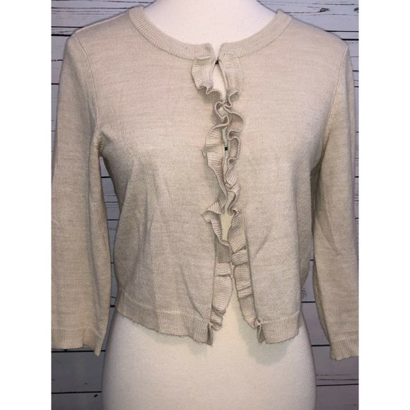 New‎ York and company Small crop 3/4 sleeve sweater Ruffle Front Beige Shrug - Picture 6 of 6